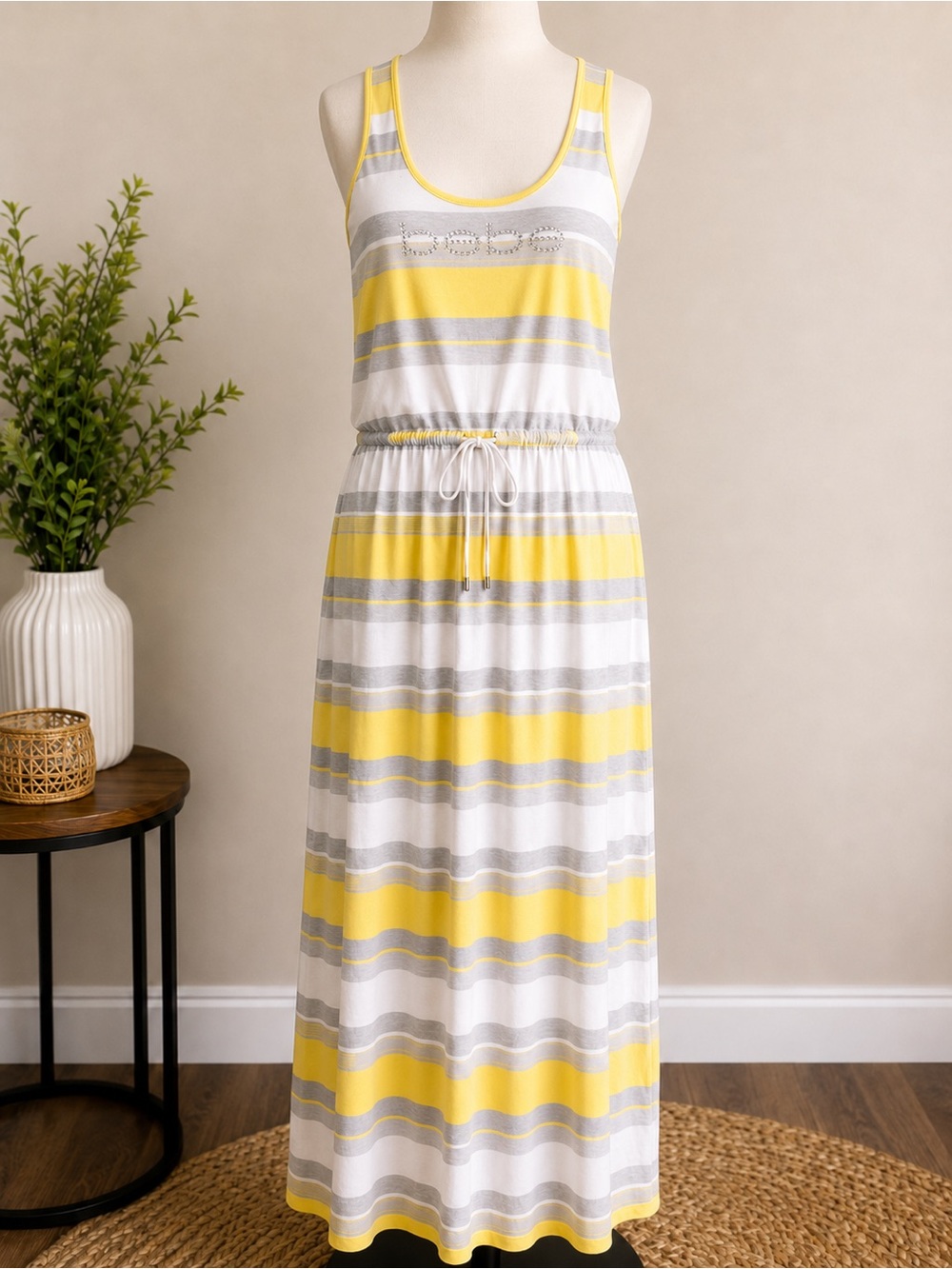 Bebe XS Yellow Gray Striped Racerback Maxi Dress Rhinestone Logo